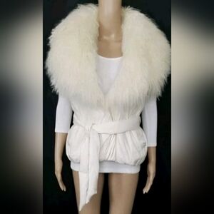 Ralph Lauren Blue Label Cream White Mongolian Fur Belted Down Puffer Vest $3200